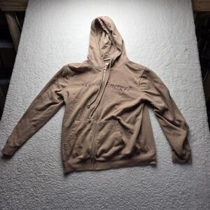 Mighty Fine Hoodie Mens Large Beige Full Zip Fleece Good Energy Quote Graphic